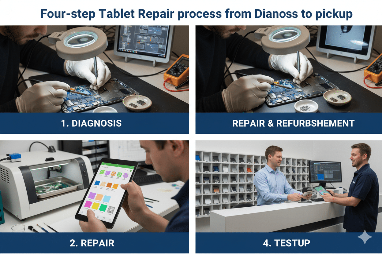 Four-step tablet repair process from diagnosis to pickup