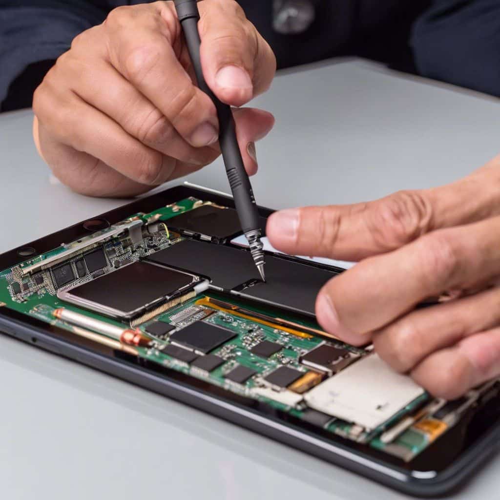 Technician inspecting an iPad charging port at Phone Fashion Fix in Ocala
