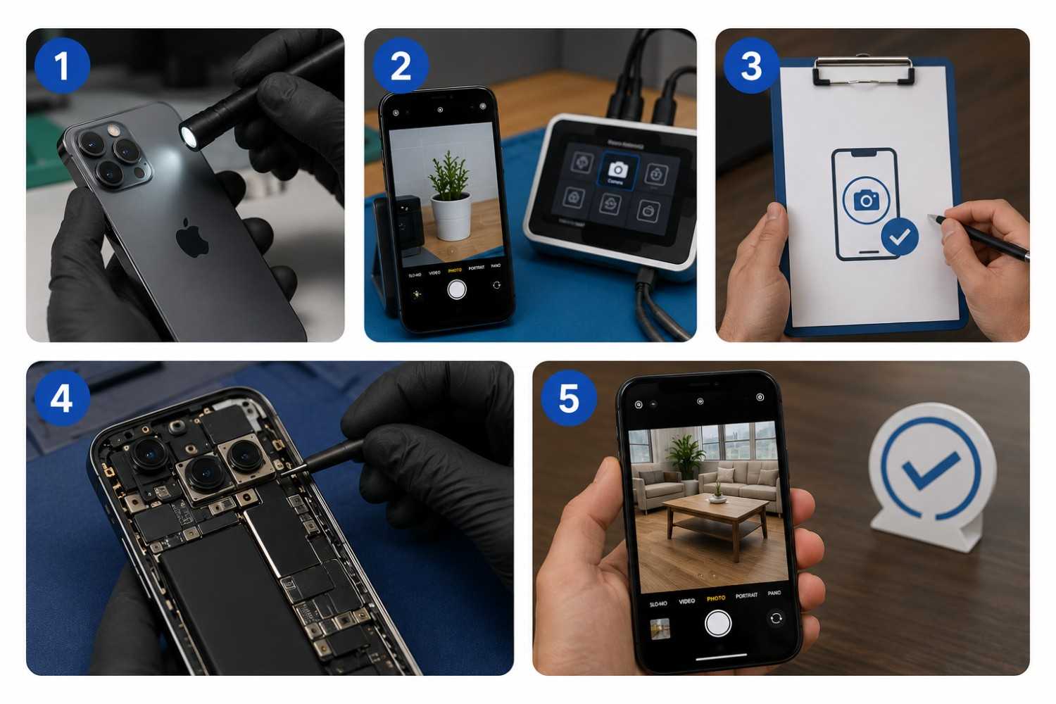 5-step iPhone camera repair process infographic