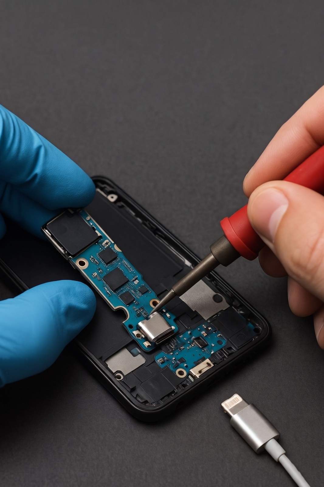 Technician testing iPhone charging port in Ocala