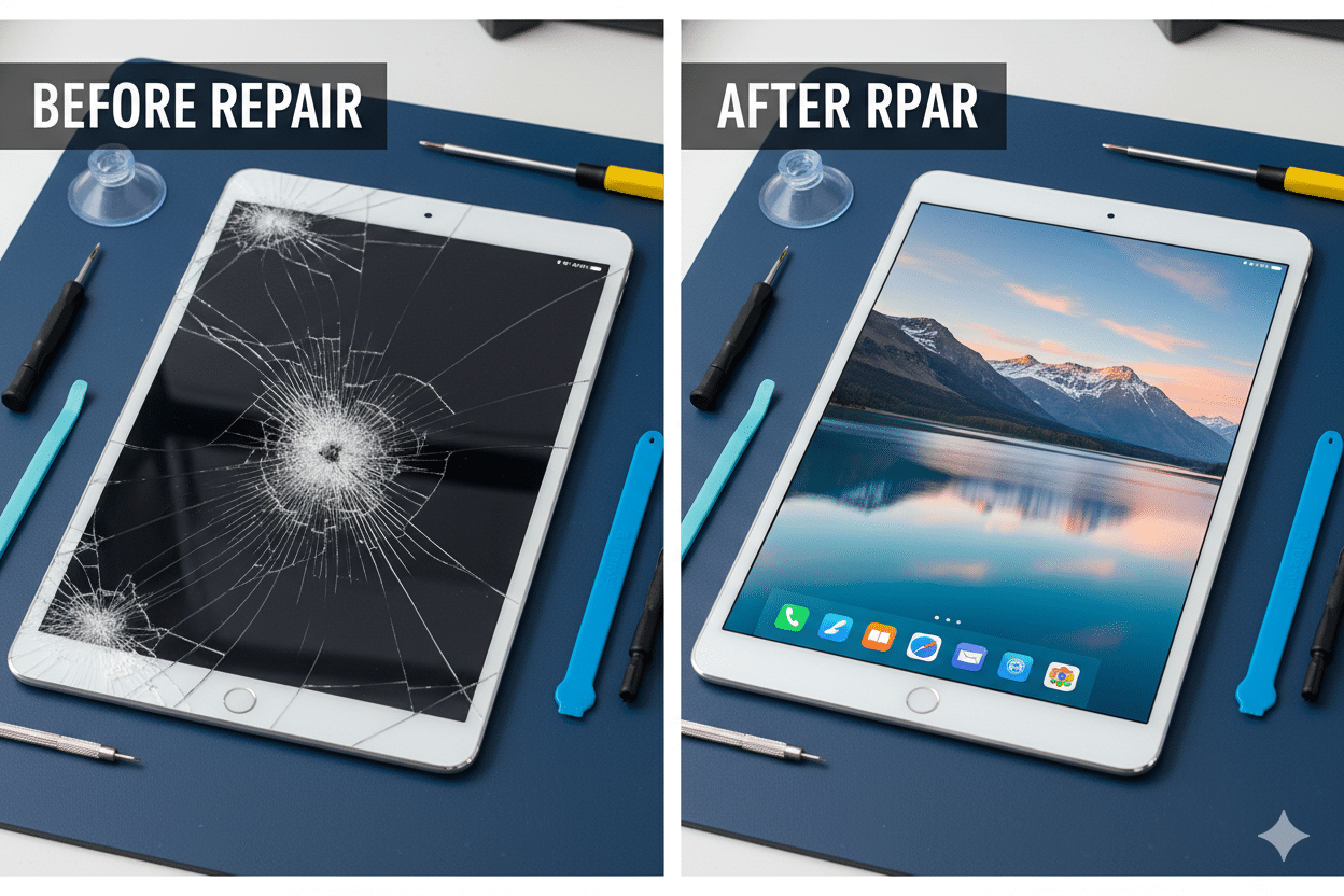 Before and after tablet screen repair showing a cracked tablet that has been fixed