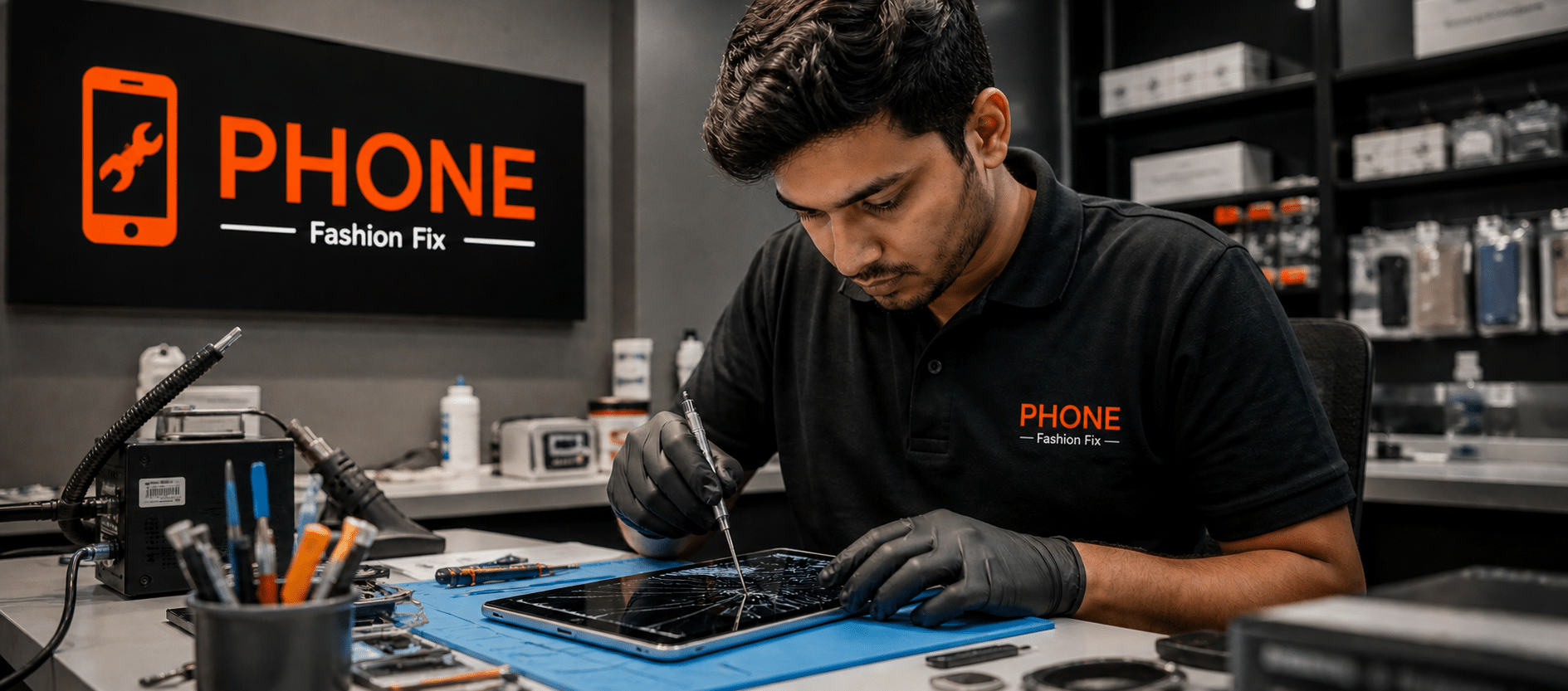 Professional tablet repair technician working on cracked tablet screen in Ocala FL