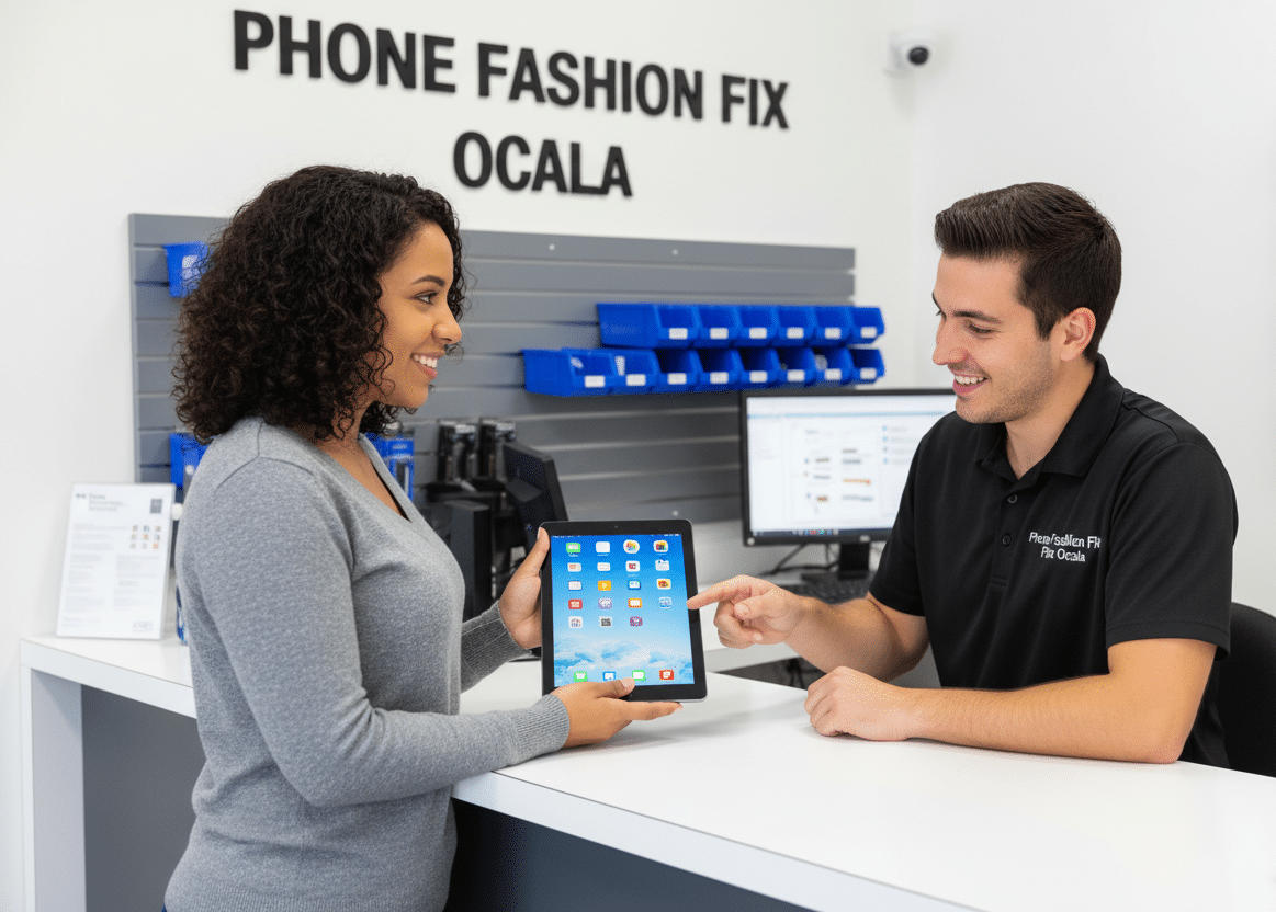 Happy customer with repaired tablet at Phone Repair Ocala