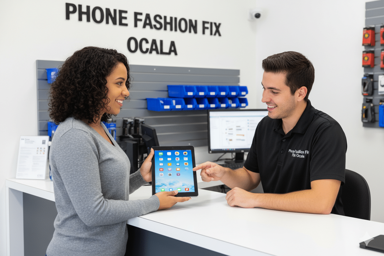 Happy customer with repaired tablet at Phone Repair Ocala