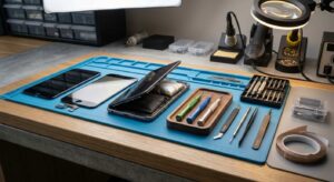 Cracked iPhone screen with repair tools illustrating screen repair costs