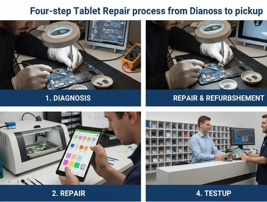 Four-step tablet repair process from diagnosis to pickup