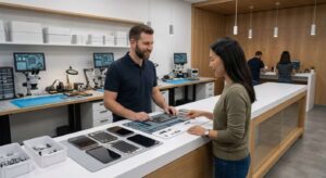 Professional local iPhone repair shop with technician