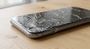 Severely cracked iPhone screen with shattered glass requiring screen replacement